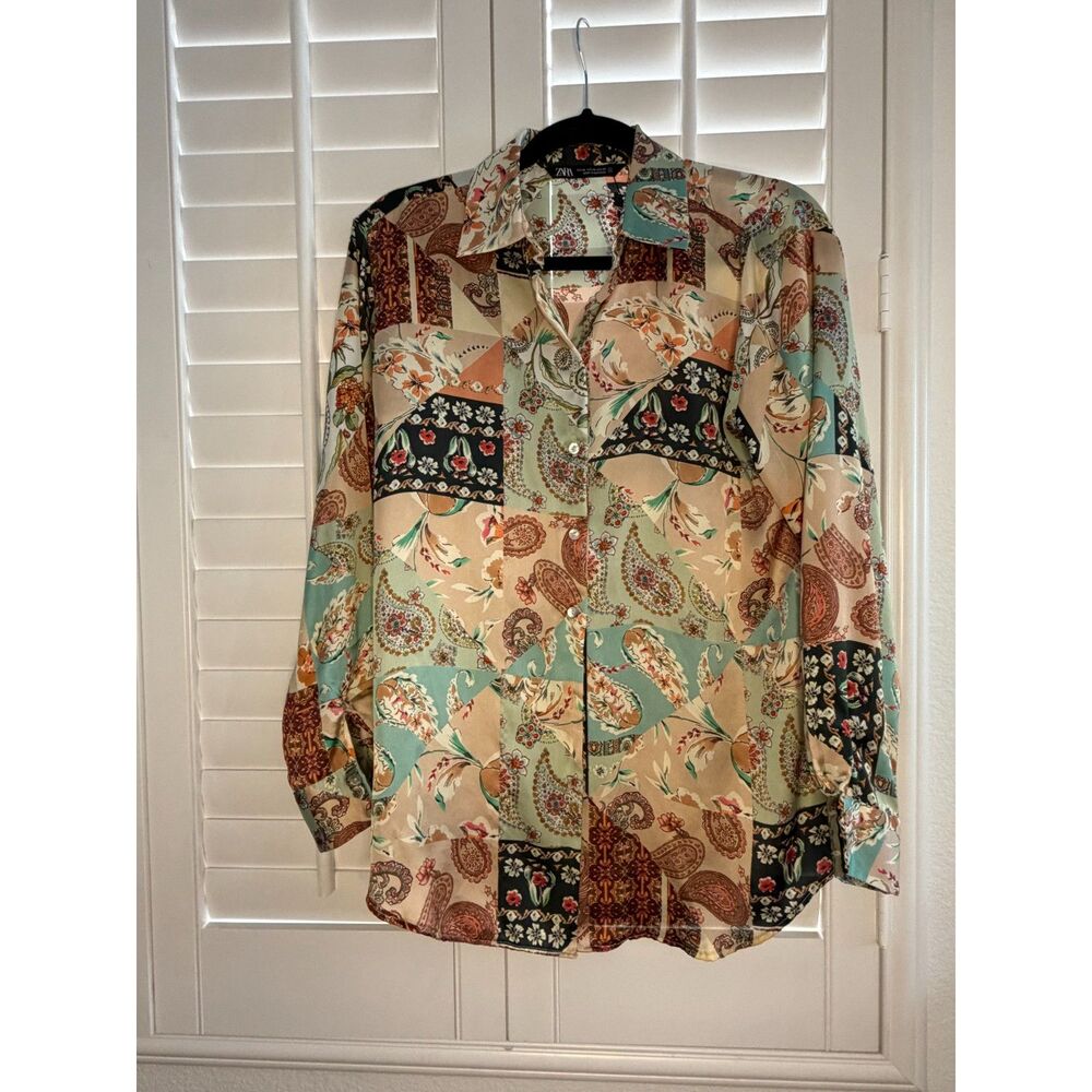 Zara Patchwork Paisley & Floral Print Long Sleeve Button-Up Shirt - XS